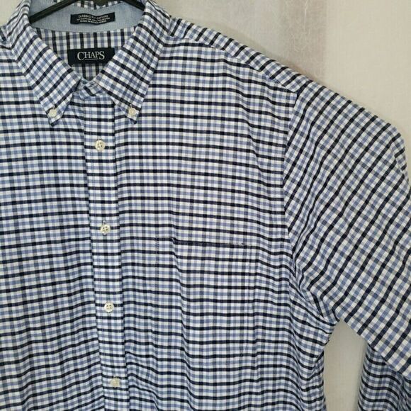 Chaps Mens Shirt Size L 16.5 Long Sleeve Button Up Blue Plaid Regular Fit Oxford - Picture 4 of 12